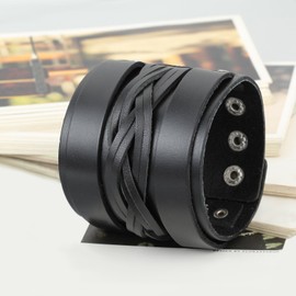 Flongo Pack of 2 Men's Leather Bracelets, Large Wide Leather Genuine Leather Bracelet, Bangle Cuff Belt, Black, Brown, Silver, Punk Rock, Biker Motorcyclist, Adjustable, Men's Accessories, 19