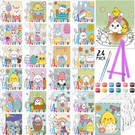 Blosssound 24 Set Easter Pre Drawn Canvas Pre Printed Canvas Painting with Easel Kits 5 x 7'' Pre Stenciled Painting Panels Pre Outline Board for Kids Adult Student Beginner Party Favors DIY