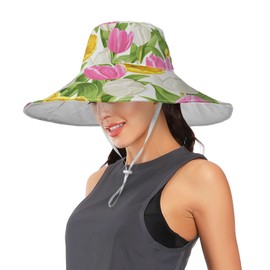 Pfrewn Women's Gardening Hat White Yellow and Pink Tulips Wide Brim Sun Hats Waterproof Foldable UV Protection Hat for Garden