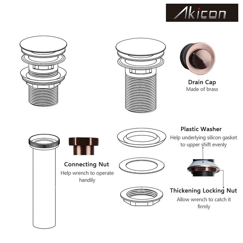 Copper Push Button Bathroom Sink Drain Stop & Pop up