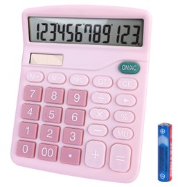 BOSIOBUF Basic Calculator with Comfortable Large LCD Display, 12 Digits Calculators Desktop, Tilt Screen, Big Button, Desk Calculator with Dual Power (Solar & Battery Included) (Pink)