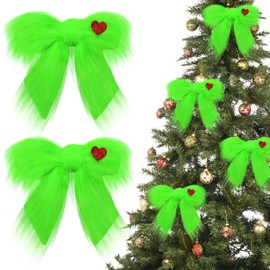 RoundFunny 4 Pcs Christmas Large Green Furry Bow with Red Heart Lime Green Christmas Tree Topper Bow Decoration Gift for Xmas Home Decor Outdoor Indoor Car Ornament