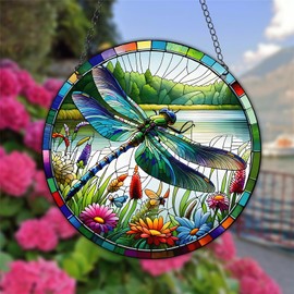 WOHAHA Dragonfly Stained Acrylic Window Hanging Panels Indoor Outdoor Round Windows Hanger Kitchen Bedroom Garden Wall Art Decor Gifts for Women Mom Grandma Teacher