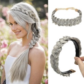 CJL HAIR 2PCs Braided Headbands Hair Piece for Women Synthetic Hair Hoops Head Bands Handmade Braid Hairband Accessories Elastic Stretch Headwrap for Girl Grey Multi
