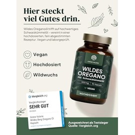 Green Valerie Oregano Oil Capsules [High Dose] - Duo Complex with Black Cumin Oil 90 Pieces - 82% Carvacrol Wild Mountain Oregano Oil - 500mg Capsules Vegan & Enteric Juice Resistant - Laboratory Tested & No Additives