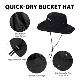TAGVO Water Resistant Sun Hat for Men & Women, Wide Brim Fishing Hat, Quick Dry Outdoor Safari Hat with Windproof Chin Strap, black, Unit size