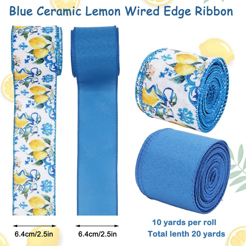 AnyDesign Lemon Wired Edge Ribbon 20 Yards Blue Tile Lemon