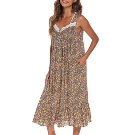 AVIIER Cotton Nightgowns for Women Sleeveless House Dress Ladies Long Nightdress with Pockets (Yellow Flower, Large)…