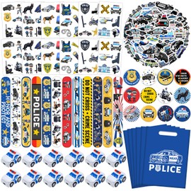 Police Party Favors Kit, Police Party Decorations, 72Pcs Temporary Tattoos, 12Pcs Police Officer Slap Bracelets, 50Pcs Police Stickers,12Pcs Mini Police Toy Cars, 12Pcs button badge, 12Pcs Gift Bags