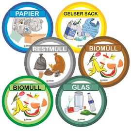 Set of 6 Colourful Waste Separation Stickers, Scratch and Weatherproof Finest Folia Diameter 100 mm (R034)