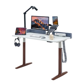Deroavixe Electric Standing Desk, Height Adjustable Desk with Round Tube Legs, 48 x 24 Inches Memory Sit Stand up Desk, Home Office Workstation (White Desktop + Brown Leg)