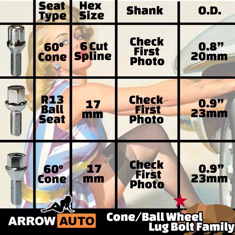 ARROW 20x Black M12x1.5 Spline Cone Lug Bolt 40mmShank Fit