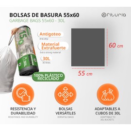 Bin Bags, 30 L, Robust, Material 100% Recycled and Recyclable, Leak-Proof, Bin Bags with Easy Self-Closing, Suitable for Types of Waste, 55 x 60 cm - Ofituria (15 Bags, 30 L)