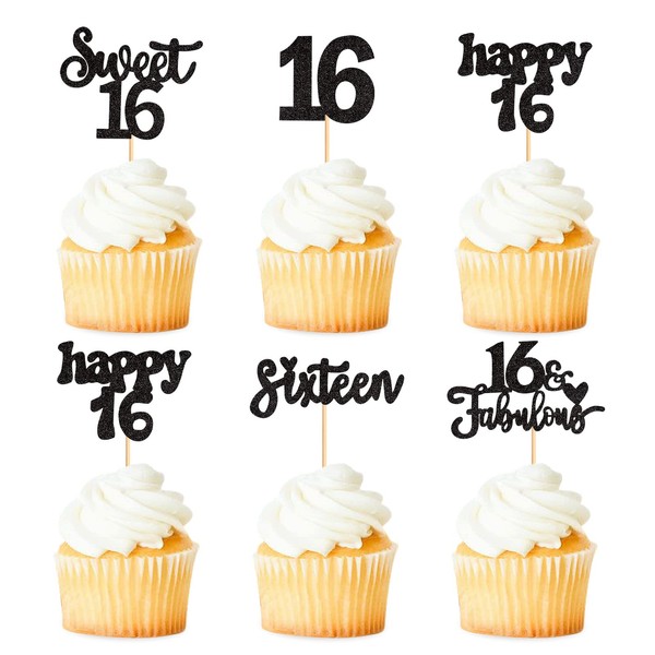 Keaziu Paquete de 25 decoraciones para cupcakes de 16 cumpleaños, 16 palillos para magdalenas de 16 años, 16 fabulosos aniversarios, fiestas de cumpleaños, suministros de decoración para tartas