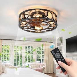 20" Caged Ceiling Fans with Lights and Remote, Black Round Low Profile Ceiling Fan, Ceiling Fan 6 Speed Reversible, Small Farmhouse Ceiling Fan for Bedroom, Living room, Kitchen(excluding bulb)