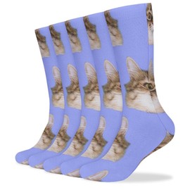 5 Pairs Soft Circulation Socks, Compression Crew Knee High Stockings Long Athletic for Running Sports 15.7x3.9 in Print Cat's Heads on Blue Seamless