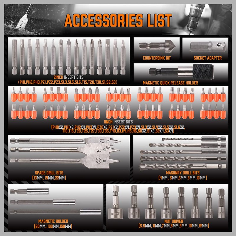 HORUSDY Impact Drill Bit Set, 112-Pieces 1/4" Hex Shank Impact