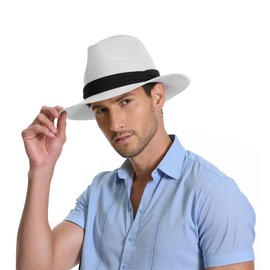 Sun Hat Straw Fedora Hats for Men Women Beach Hat Panama Hat Men Wide Brim Summer Hats UPF80+ White