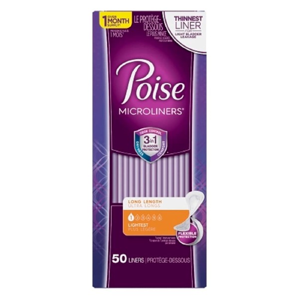Poise Microliners Bladder Control Pad 6.9 Inch Length Light Absorbency Absorb-Loc One Size Fits Most Female Disposable, 48288 - Pack of 50