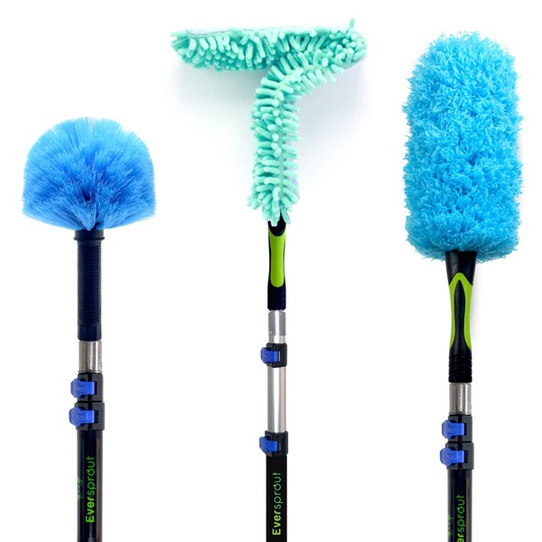 EVERSPROUT 6.5-to-18 Foot Duster 3-Pack with Extension-Pole (25+ Foot Reach) | Hand-packaged Cobweb Duster, Microfiber Feather Duster, Flexible Microfiber Ceiling Fan Duster | Aluminum Telescopic Pole