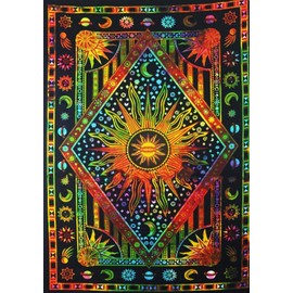 Popular Handicrafts Wall Hanging Tapestry For Bedroom Burning Sun and Moon Hippie Mandala Bohemian Hippy Psychedelic Design Indian Tapestries Bedspread 54x82 Inches (140cm x 210cm) White Multicolor