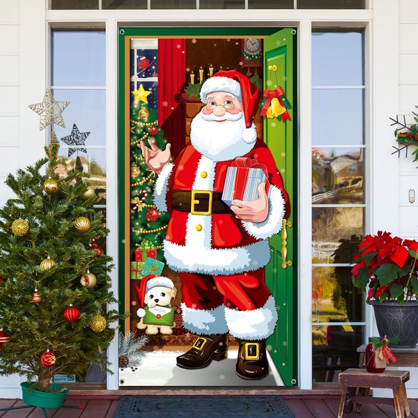 Christmas Door Cover Decoration Santa Claus Door Ceiling Christmas Door Hanging Banner Santa Background Banner for Holiday Christmas Decoration (Red)