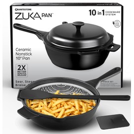 Granitestone ZUKA 10 in 1 Ceramic Pan by Granitestone, Large 10 Inch Saute Pan with Lid Serves as Deep Frying Pan Set with Steamer, Everyday Skillet, Non Toxic Ceramic Nonstick, Induction Oven & Dishwasher Safe