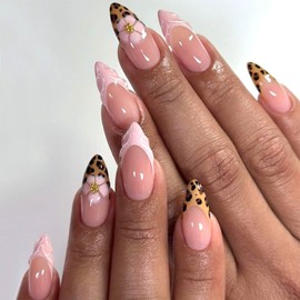 LWTZLW Leopard French Tip Press on Nails Medium Almond False Nails with Flowers Design Full Cover Glue on Nail Reusable Acrylic Fake Nails Glossy Artificial Stick on Nail for Women