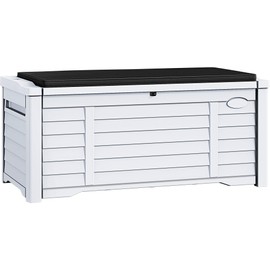DWVO 120 Gallon Outdoor Louver Storage Deck Box w/Seating Cushion, Large Storage Box for Outdoor Pillows, Garden Tools and Pool Supplies, Resin, Waterproof, Lockable (White)