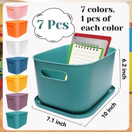 CONEHOY 7 Pcs Plastic Storage Bins with Lid Colorful Storage Bins Small Desktop Storage Box Cubby Bins Stackable Storage Baskets for Office Classroom Kitchen Cabinet Shelf (10×7.1×6.2inch)