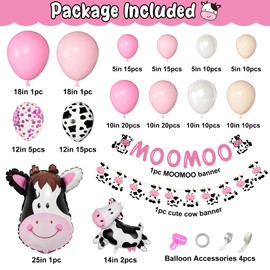 Ouddy Party 141Pcs Pink Cow Balloons Garland Arch Kit, Cow Party Decorations with Cow Print Balloons MOOMOO Banners Large Foil Cow for Cowgirl Cow Baby Shower Farm Animal Western Birthday Decorations