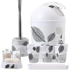 8 Piece Grey Bathroom Sets with Toothbrush Holder,Toothbrush Cup,Lotion Soap Dispenser,Soap Dish,Toilet Brush,Trash Can,Qtip Holder