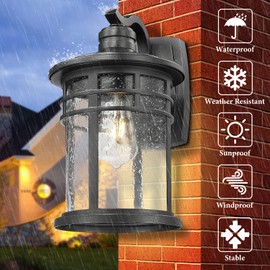Darkaway Large Outdoor Porch Lights Wall Mount, 15inch Outdoor Light Fixtures Sconces Wall Lighting with Seeded Glass Exterior Lights for Patio Yard House Hallway Doorway Garage(Large, Black)