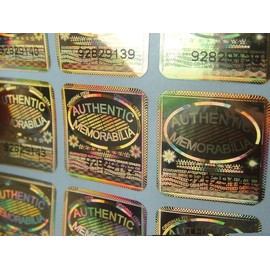 100 Memorabilia Specific Tamper-Evident Gold Hologram Security Labels with Unique Serial Number Per Label