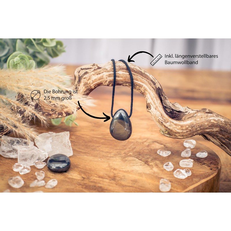 Lebensquelle Plus Hematite Drop Pendant, Drilled Tumbled Stone Pendant with