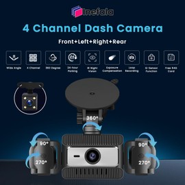 Inefala 4 Channel Dash Cam Car, 360 Degree Dashcam FHD 1080Px4 Front Rear Inner Left and Right - Loop Recording, G-Sensor, Night Vision, Parking Monitoring, Backup Assistant with 64GB SD Card