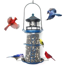 Solar Bird Feeder for Outdoors Hanging Wild Metal Bird Feeders,14" Solar Lighthouse with Rotating Beacon LED Light,Solar Yard Garden Decor Lighthouse Gifts (Space Blue)