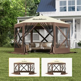 GAOMON 10x10ft Camping Gazebo, Portable Pop Up Canopy Screen Tent 6 Sided with Mesh Windows and Carry Bag for Camping, Outdoor, Picnic, Backyard Party Outside Activities, Brown