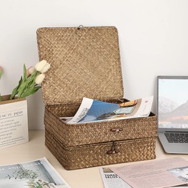 OLegei Pack of 2 Wicker Storage Baskets with Lid Basket for Shelf, Office, Kitchen, Garden (32 x 28 x 7 cm, Coffee)