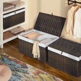 GREENSTELL Storage Basket with Lid, Handwoven Blanket Storage Basket with Cotton Liner and Metal Frame, Foldable & Easy to Install, Shelf Basket Bin with Handle for Bedroom, Laundry Room Brown 65L