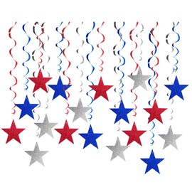 18Pcs Patriotic Star Hanging Swirls Decorations Wind Chimes Star Streamers Foil Swirls with Red Blue Silver Stars Ceiling Hanging Ornament for Memorial Day 4th of July Independence Day Party Supplies