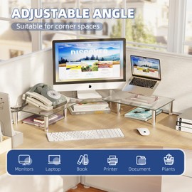 Simple Trending Dual Monitor Stand Riser with Tempered Glass, Computer Desk Organizer for 2 Monitors, Adjustable Length and Swivel Angle, for Laptop Office, iMac