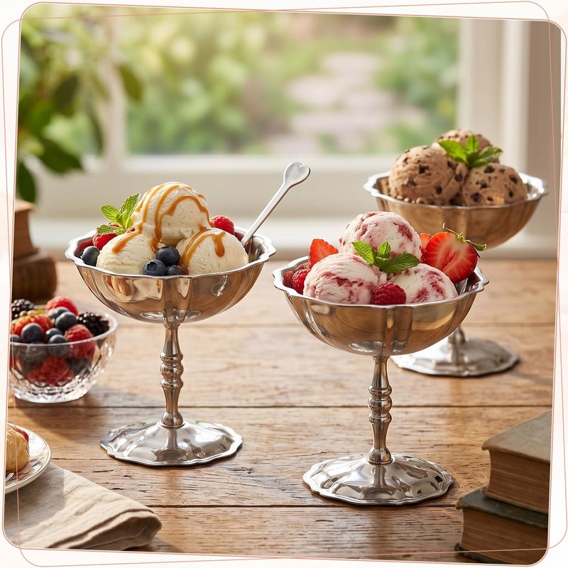 Reallnaive 4 Set Stainless Steel Ice Cream Cup with Forks