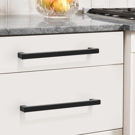 Probrico (10 Pack Flat Black Modern Cabinet Handles 5 Inch(128mm) Hole Center Stainless Steel Drawer Dresser Pulls Square Kitchen Cabinet Hardware
