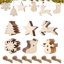 60PCS Christmas Wood Ornament, Wooden Ornament Hanging Pendant, Christmas Ornament Snowflakes with String, Round Head Tree, Elk, Snowflake, Five-pointed Star, Socks, Snowman, for Christmas Decoration