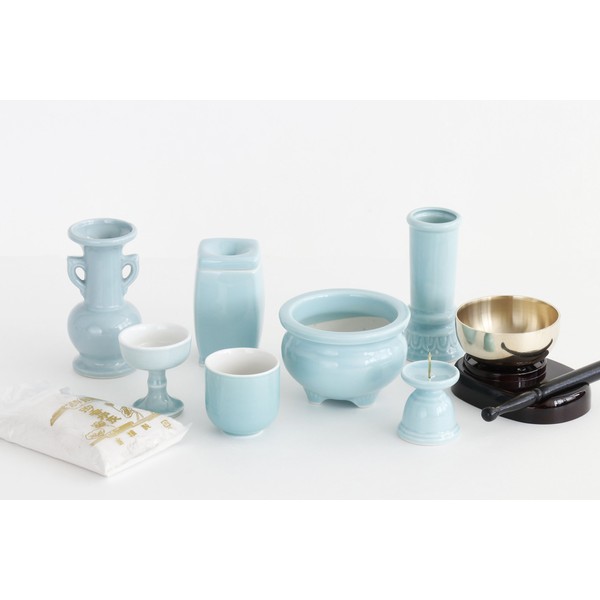 Domestic Category: Buddhist Ritual Implements Set * Ceramic * Category: Buddhist Ritual Implements, 8 Ceramic + 2pc Orin 3 Piece Set Modern Mini French Dan The * CELADON 青地 * Incense Sticks Difference Match Air ■ Golden Week Evil The Cemetery 供養