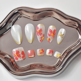 48 Pcs Pink Flower Press on Nails & Press on Toenails Set - Pink Floral Design with Gold Accents,White Fake Nails Short Almond,White Toe Nail Press ons Short Square,Reusable Manicure & Pedicure Kit
