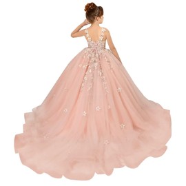 Tulle Flower Girl Dresses for Wedding Lace Appliques Princess Pageant Dress Sleeveless Birthday Party Ball Gown,Blush-4