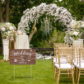 Lesnala 3Pcs Double Sided Wedding this Way Sign Corrugated Plastic Direction Arrow Marks with Stakes for Indoor Outdoor Ceremony Party Decorations 14.2 X 8.5inch