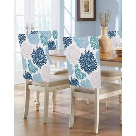 Nautical Coastal Chair Covers Set of 4 Ocean Coral Chair Slipcover Protector Removable Stretch Chair Covers Blue Beach Themed Chair Back Covers for Dining Chairs Kitchen Dinner Party Summer Decor